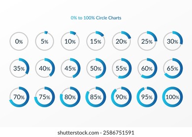 5 10 15 20 25 30 35 40 45 50 55 60 65 70 75 80 85 90 95 100 percent isolated circle chart set. Vector infographic icon for business, finance, web design, download, progress