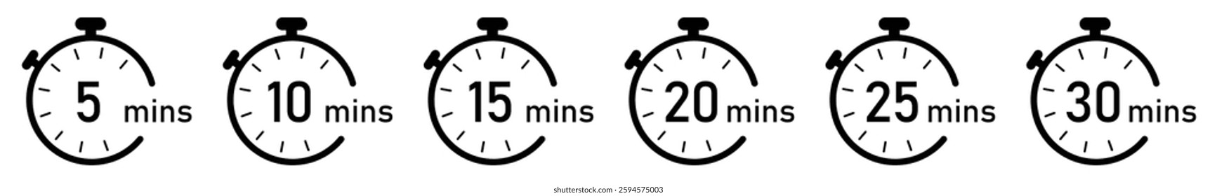 5, 10, 15, 20, 25, 30, min, timer clock isolated vector illustration. Timer, clock, stopwatch vector icon set. Timer from 5 to 30 minutes. Countdown sign. Flat design.