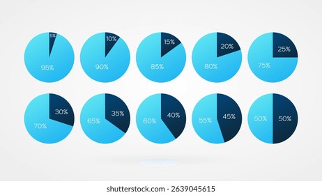 5 10 15 20 25 30 33 35 40 45 50 55 60 65 70 75 80 85 90 95 percent pie charts. Vector percentage infographics. Circle diagrams isolated. Illustrations for business, finance, report