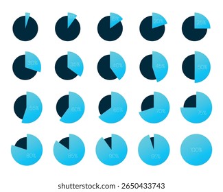 5 10 15 20 25 30 33 35 40 45 50 55 60 65 70 75 80 85 90 95 100 percent charts. Vector percentage infographics. Diagrams set. Illustrations for business, finance, growth