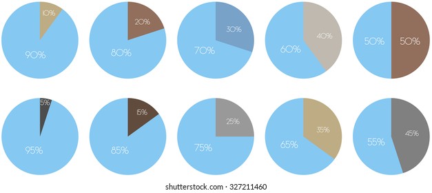 5, 10, 15, 20, 25, 30, 35, 40, 45, 50 percent pie charts. Vector infographic elements. Circle diagrams isolated