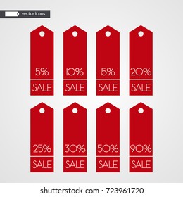 5 10 15 20 25 30 50 90 percent off shopping tag vector icons. Isolated discount symbols. Illustration signs set for sale, advertisement, marketing project, business, retail, wholesale, shop, store 