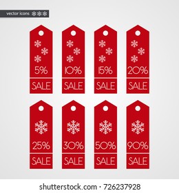 5 10 15 20 25 30 50 90 percent off shopping tag vector icons. Isolated discount winter symbols. Illustration signs set for christmas sale, advertisement, marketing project, business, shop, store