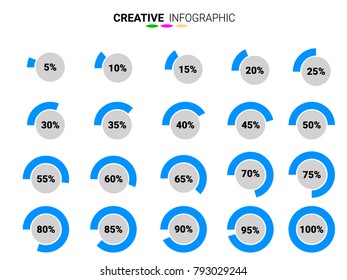 5 10 15 20 25 30 35 40 45 50 55 60 65 70 75 80 85 90 95 100 percent blue and grey Circle Charts. Percentage vector infographics. Pie Diagram symbols isolated. Business Illustration