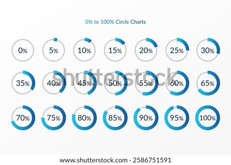 5 10 15 20 25 30 35 40 45 50 55 60 65 70 75 80 85 90 95 100 percent isolated circle chart set. Vector infographic icon for business, finance, web design, download, progress