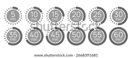 5 10 15 20 25 30 35 40 45 50 55 60 minutes timer set. Circular progress indicators. Stopwatch icons set in flat style. Limited cooking time badge label