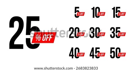 up to 5 10 15 20 25 30 35 40 45 50 percent off, vector advertising banner or season discount collection