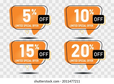 5%, 10%, 15% y 20% de descuento. Etiquetas de descuento establecidas. Cuatro globos naranja de descuento.
