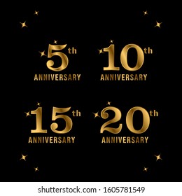 5, 10, 15, 20 years anniversary gold number. Set of anniversary for celebration with dark background