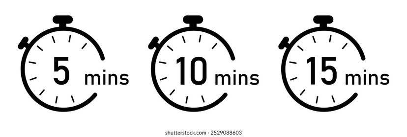 Ícones de temporizador e relógio de 5, 10 e 15 minutos definem a cor preta isolada em um fundo branco. Logotipo do timer. Símbolos de relógio, sinais de cronômetro, ícones de temporizador. Ilustração vetorial.