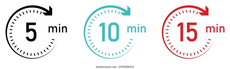 5-, 10- and 15-minutes timer and clock vector icons set in color. Timer logo. Clock symbols, stopwatch signs, Timer icons. Vector illustration.