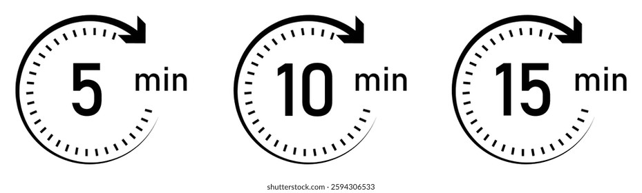 5-, 10- and 15-minutes timer and clock vector icons set. Timer logo. Clock symbols, stopwatch signs, Timer icons. Vector illustration.