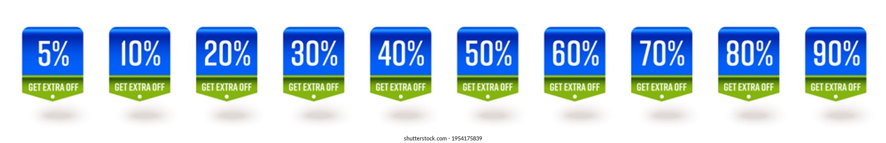 5, 10, 20, 30, 40, 50, 60, 70, 80, 90 percent get extra off. Set of special price reduction offer tag template to save money using discount vector illustration isolated on white background