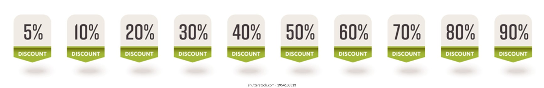 5, 10, 20, 30, 40, 50, 60, 70, 80, 90 percent discount set. Sale pointer label, sell-off mark badge tag, price-off sticker offering buy with clearance vector illustration isolated on white background