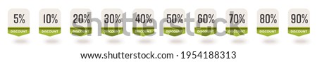 5, 10, 20, 30, 40, 50, 60, 70, 80, 90 percent discount set. Sale pointer label, sell-off mark badge tag, price-off sticker offering buy with clearance vector illustration isolated on white background
