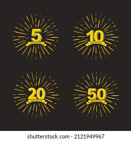 5 10 20 50 years anniversary set logo celebration with firework and ribbon. Vector illustration.
