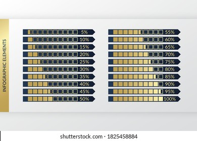 gráficos de 5 a 100 por ciento. Infografía de porcentaje de vectores. Señales de flecha de gradiente dorado. Iconos de negocios aislados para el diseño web, descarga de símbolos