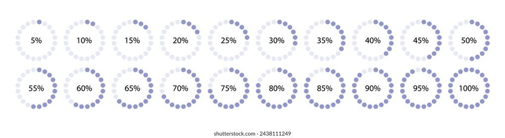 5 to 100 percent dotted circle structure graph. Ring section template. Circular pie diagram divided into gray pieces. Round chart. Set schemes with sectors. Vector illustration
