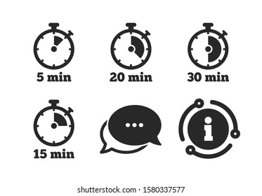 5, 15, 20 and 30 minutes stopwatch symbols. Chat, info sign. Timer icons. Classic style speech bubble icon. Vector