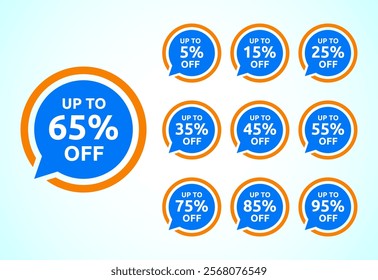 Up to 5, 15, 25, 35, 45, 55, 65, 75, 85, and 95 percent off, Sale tags set. Sale offer sign. Special offer symbol. Discount promotion