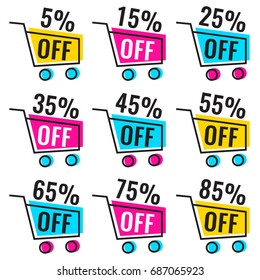 5%, 15%, 25%, 35%, 45%, 55%, 65%, 75%, 85% off. Badge, icon, logo. Set of vectors illustrations on white background. Business concept for discount, outlet.