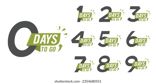 5, 2, 3, 4, 1, 6, 7, 8, 9, 0 days to go badge arrow label. Left time in days countdown motivation and inspiration label layout template