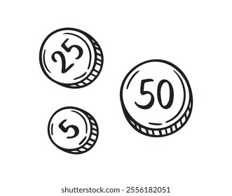 5, 25 and 50 coins money doodle hand drawn icon. Outline drawing 5, 25 and 50 coins line clipart symbol. Vector illustration