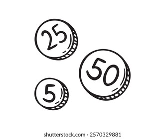 5, 25 and 50 coins money doodle hand drawn icon. Outline drawing 5, 25 and 50 coins line clipart symbol. Vector illustration