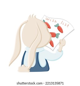 El conejo lindo crea una lista de deseos para Santa. Ilustración vectorial de color Navidad, Año Nuevo y Pascua para banner, tarjetas y diseño de productos. Colección de conejos al estilo de las caricaturas. Diversión y humor.
