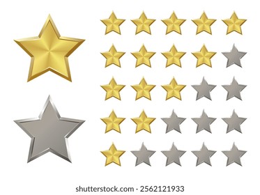 5, 4, 3, 2 shiny realistic gold, silver star with metallic effect. Five elements for medal, award, product rating, hotels status Isolated on white background, customer feedback, review. Vector EPS10