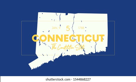 5 of 50 states of the United States with a name, nickname, and date admitted to the Union, Detailed Vector Connecticut Map for printing posters, postcards and t-shirts