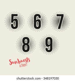 5 6 7 8 9 Sunbursts Effect Stipple Numbers - Bold Font with Sunburst Made from Little Dots - Halftone Vector Illustration