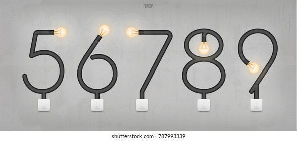 5, 6, 7, 8, 9 - Set of stylized alphabet numbers. Abstract alphabet of light bulb and light switch on concrete wall background. Vector illustration.