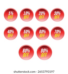5% to 90% Off Discount Badges Set – Red Gradient Circle Sale Labels Vector Isolated on White Background
