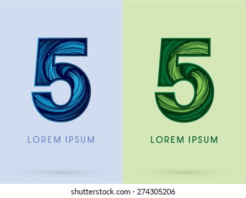 5 ,Abstract Number , font, concept Spin water, wind and natural, designed using blue and green grunge brush,sign 