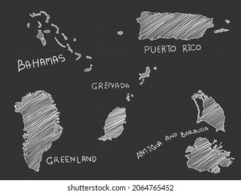 5 of America map is composed Bahamas, Greenland, Puerto Rico, Grenada, and Antigua and Barbuda white line freehand sketch on black background.