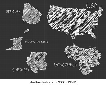 5 of America map white line  freehand sketch on black background.