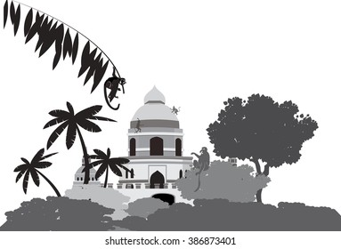5 Ancient temple in the jungle. Vector illustratration in grey colors.