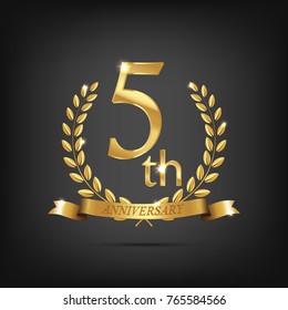 5 anniversary golden symbol. Golden laurel wreaths with ribbons and fifth anniversary year symbol on dark background. Vector anniversary design element.