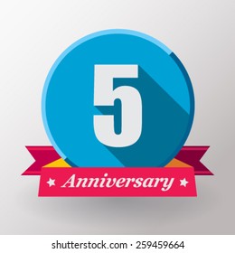 5 Anniversary label with ribbon. Flat design.