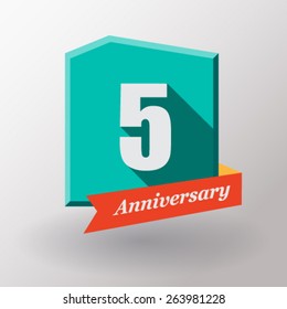 5 Anniversary   label with ribbon. Flat design.