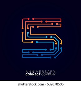 5 Anniversary, Letter five logotype orange and blue color,Technology and digital abstract dot connection company vector logo