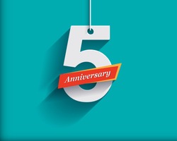 5 Anniversary Numbers With Ribbon. Flat Origami Style With Long Shadow. Vector Illustration