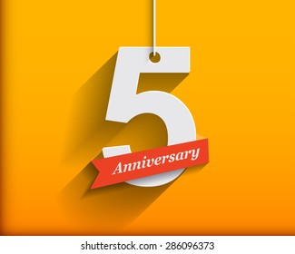 5 Anniversary numbers with ribbon. Flat origami style with long shadow. Vector illustration
