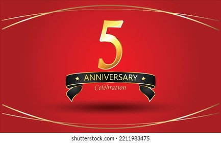5 Anniversary with red background. 5th Golden anniversary banner. red anniversary celebration. Golden anniversary with ribbon