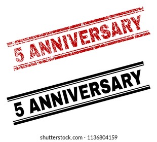 5 ANNIVERSARY stamp seal print with red distress and clean black version. Red vector rubber print of 5 ANNIVERSARY caption with retro texture. Tags are placed between double parallel lines.