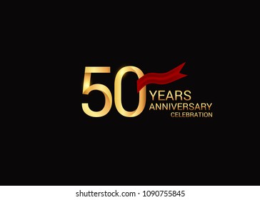 5 anniversary vector design golden colored with red ribbon isolated on black background