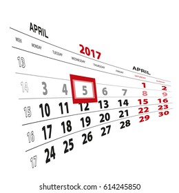 5 April highlighted on calendar 2017. Week starts from Monday. Vector Illustration.