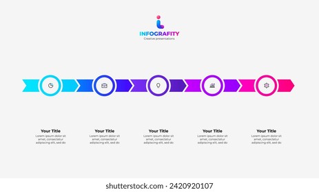 5 flechas con círculos para presentaciones o infografías. Visualización de datos empresariales. Concepto del proceso de desarrollo de la actividad de la escala de tiempo