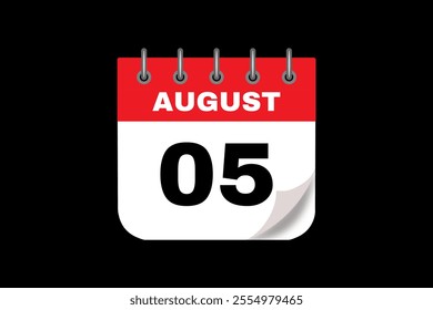 5 August calendar icon text page monthly web design on red, white and black background vector, icon, or illustration with the month of August 5